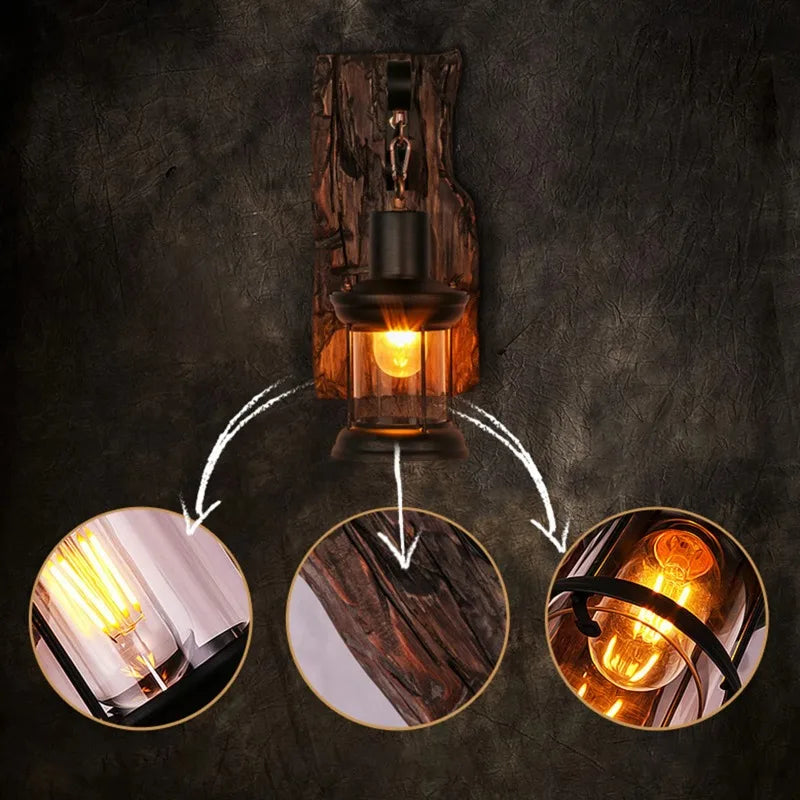 Antique New Style Industrial Wood Wall Sconce Light Rustic Wall Lamp