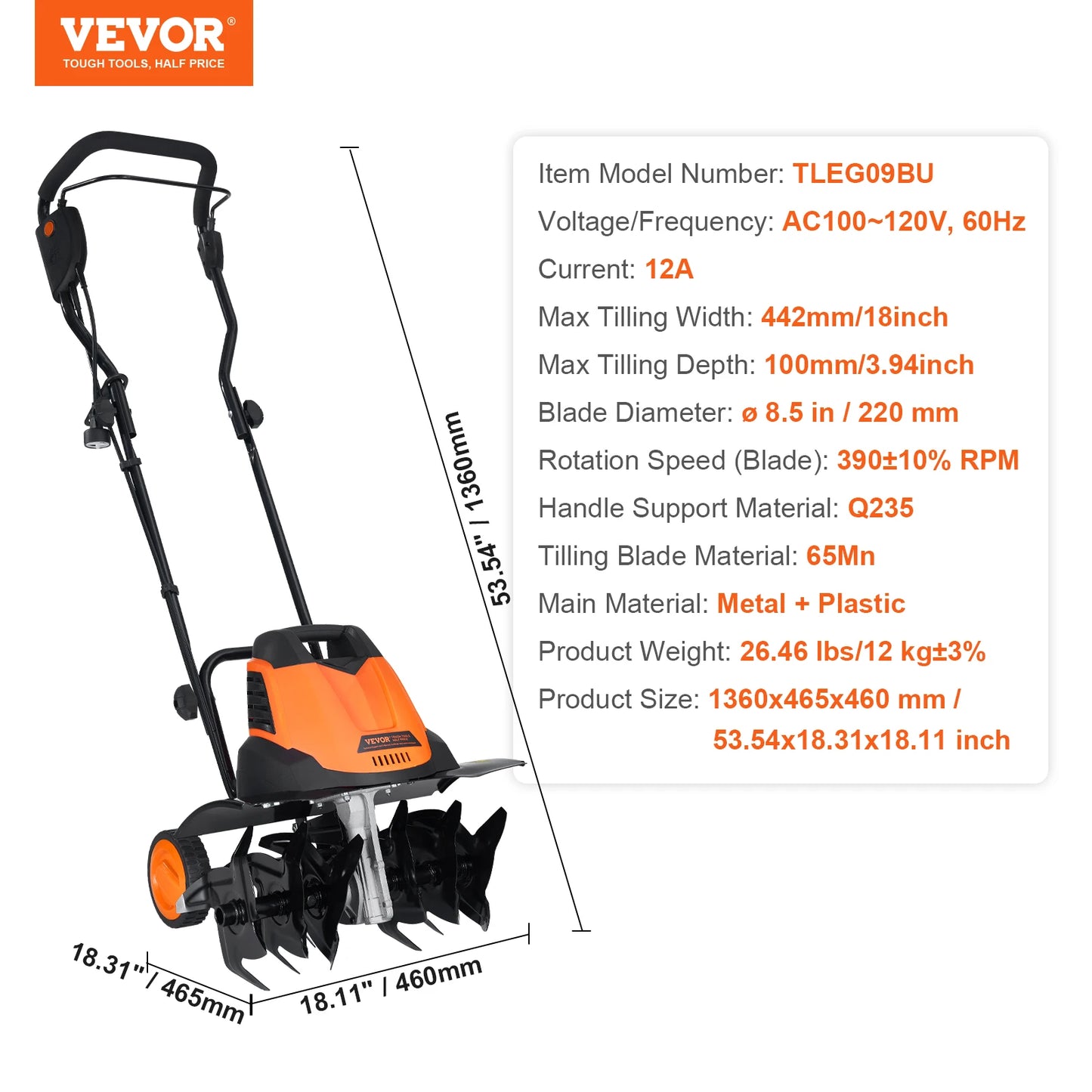 12 Amp Electric Tiller 18 Inch Tilling Width 3.94 Inch Tilling Depth Corded Cultivator