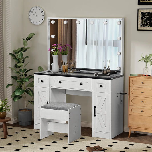 Farmhouse Vanity Desk w/ Lighted Mirror, 3 Drawers & Cabinets