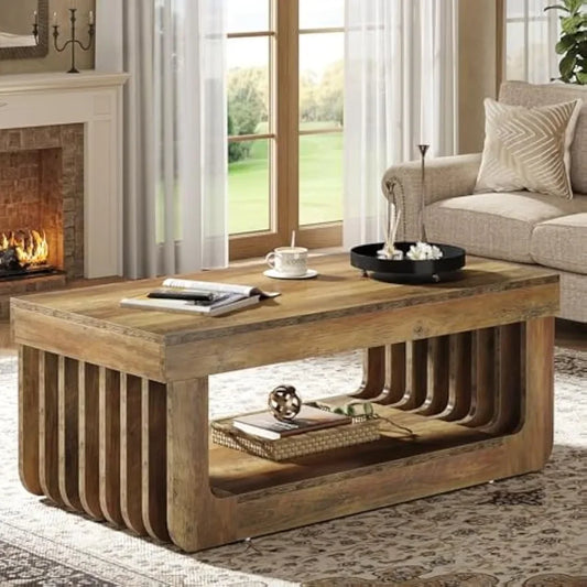 Farmhouse Coffee Table With Storage 47 Inch Rectangle Living Room Table Rustic Brown