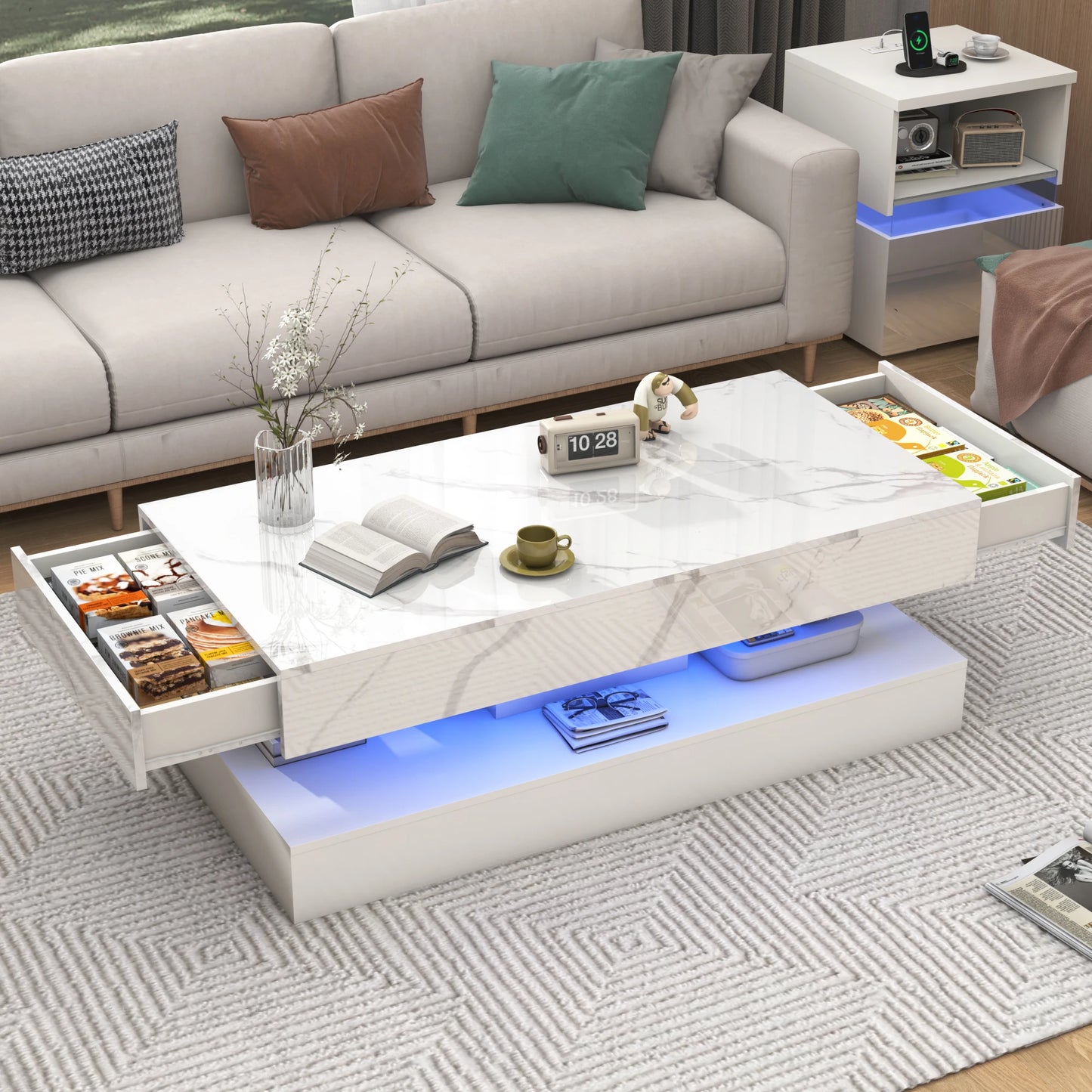 Modern Stylish Coffee Table with LED Lights Double Layer Design for Living Room with Storage Drawers
