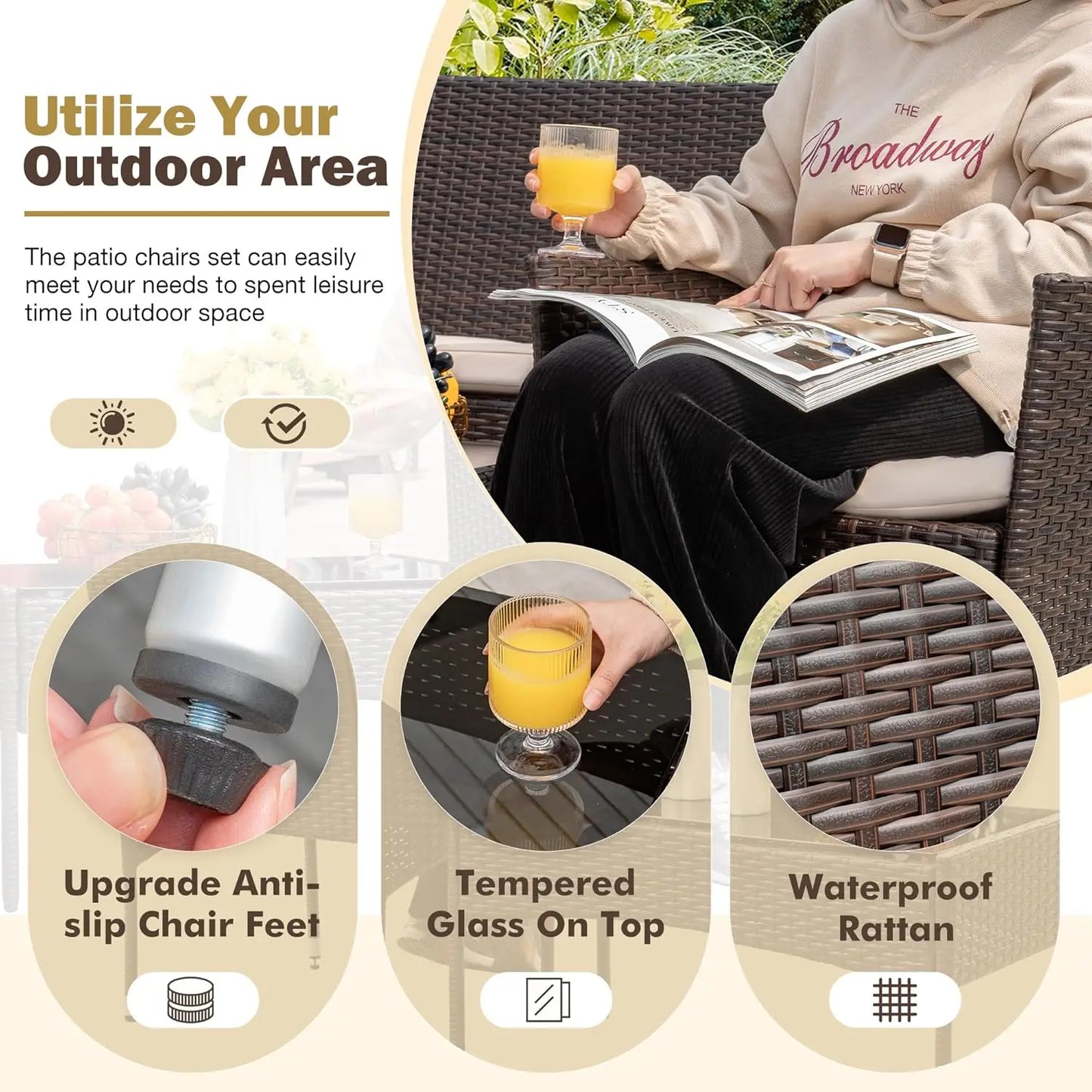 4 Pieces Outdoor Patio Furniture Sets Rattan Chair Wicker Set For Backyard