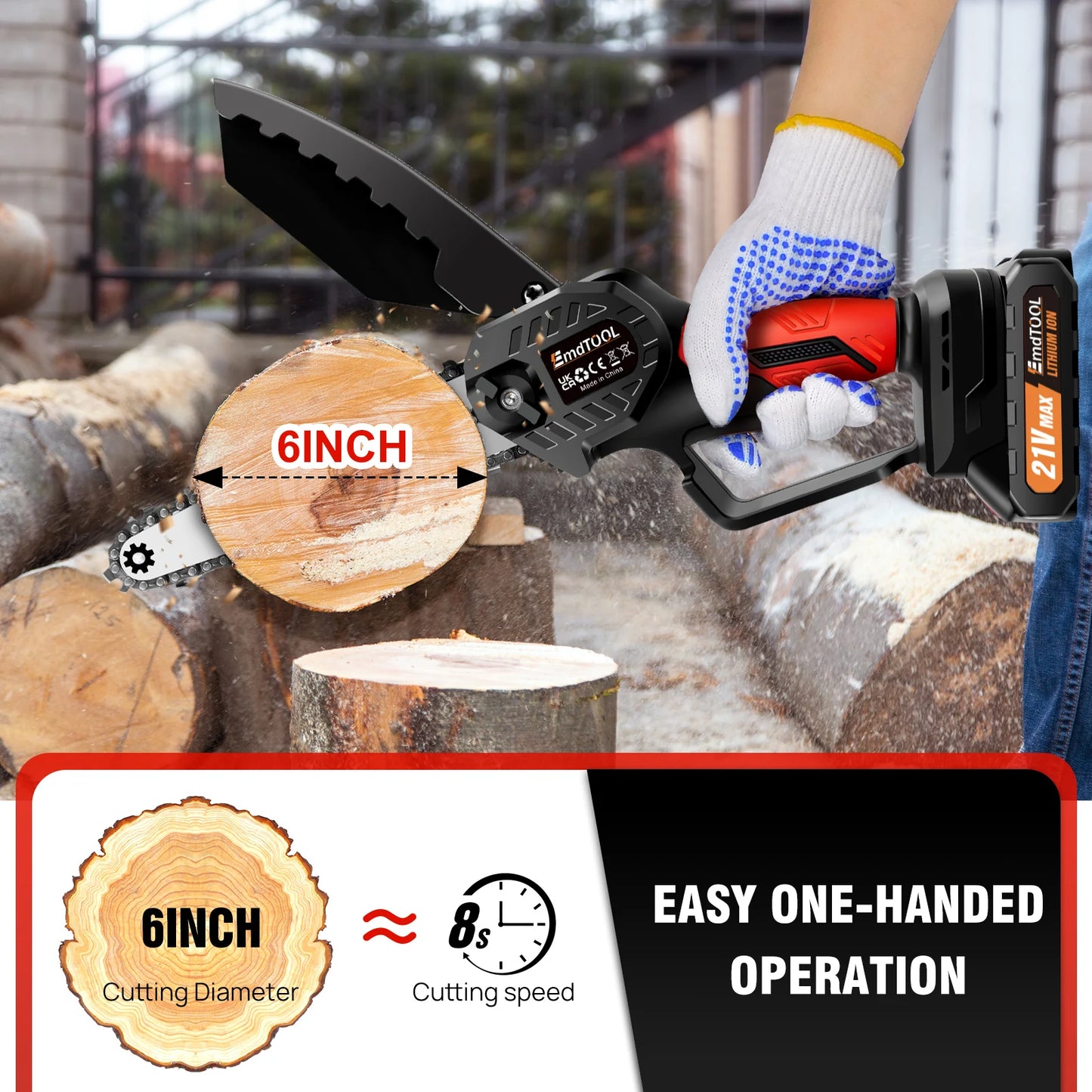 Mini Chainsaw 6 Inch Cordless 21V Battery Powered Pruning Saw With 2 Chains
