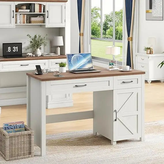 Elegant 47 Inch Farmhouse Style Executive Desk With Storage