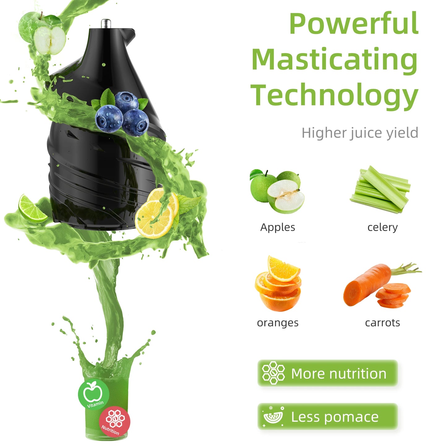 Cold Press Juicer with 75mm Feed Chute, 200W 40-65RPM Powerful Motor Fits Whole Fruits