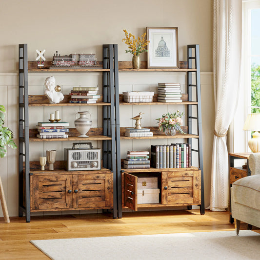 Bookshelf with Louvered Doors, 3-Tier Ladder Shelf