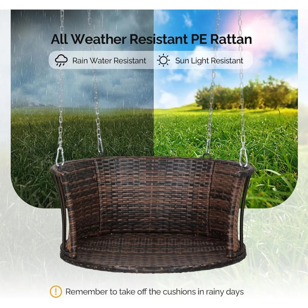 One Person Round Rattan Porch Swing With Cushions And Adjustable Chains 440 Lbs