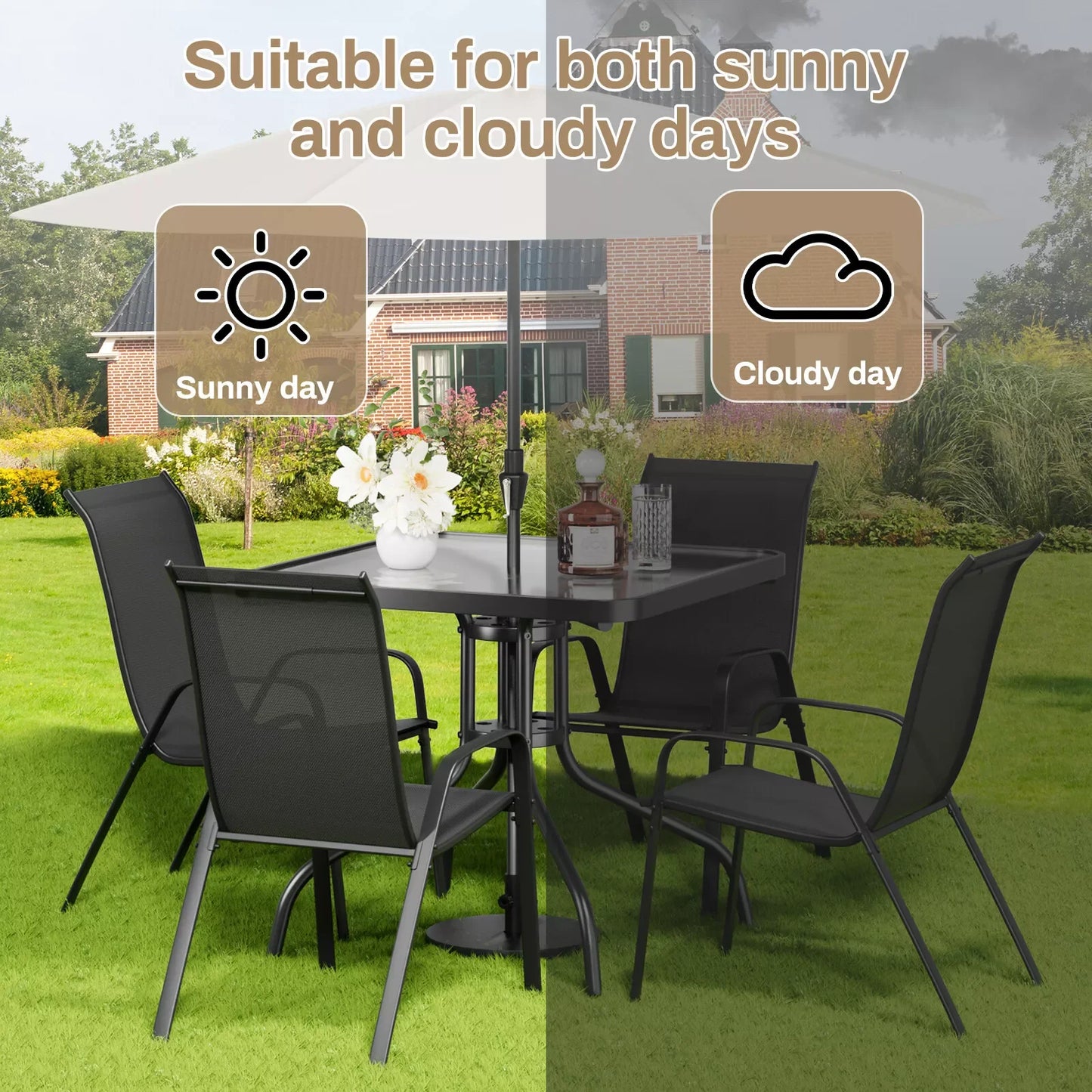 Patio Dining Set 5 Pieces With 30x30 Table And 4 Stackable Textilene Chairs