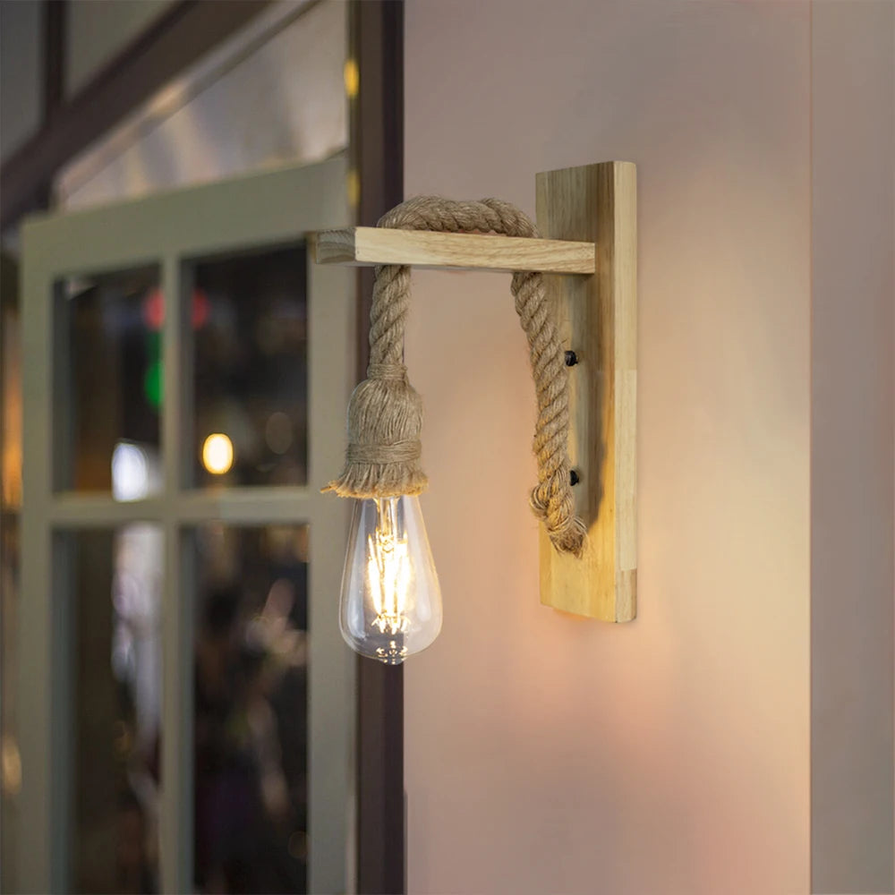 Hemp Rope Beige Wood Wall Sconce 110V 220V Indoor Lighting